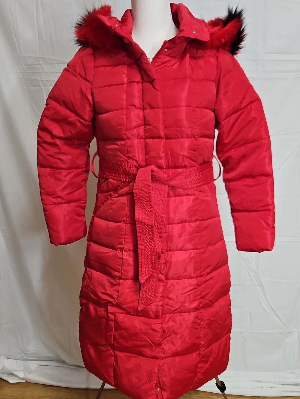 Women's Long Red Quilted Puffer Coat with Belted Waist and Hood